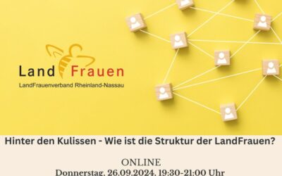 Donnerstag, 26.09.2024, 19:30-21:00 Uhr Online-Seminar: Hinter den Kulissen Wie ist die Struktur der LandFrauen?